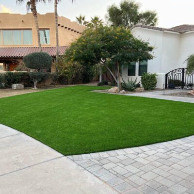 A suburban yard featuring a lush green lawn of artificial grass by Apex Turf, with a paved driveway and walkway. The house is partially visible with beige and white walls, surrounded by trees and shrubs. A black metal gate leads to the backyard.