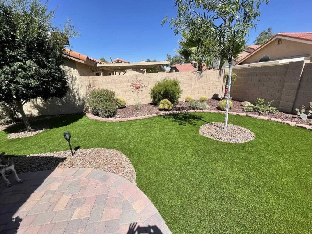 artificial turf lawn and pavers installed in a backyard in Tucson Arizona with trees and paver garden border. Blight blue sky, sunny day