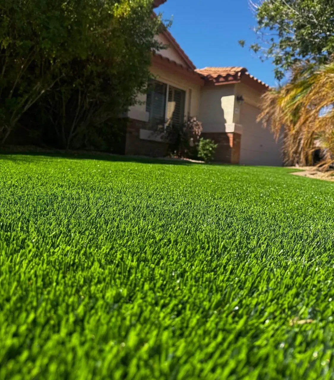 Close up of artificial grass blades showing the quality and realism of the lawn