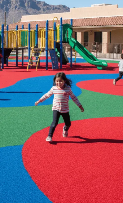 Multiple colored playground flooring with poured in place rubber and kids running and playing on it