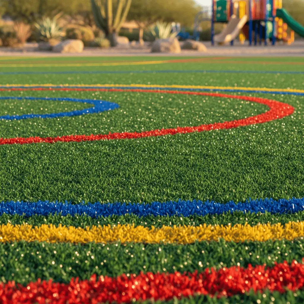 Low angle photo demonstrating the multiple colored turf in green, red and blue. Colors are in circles