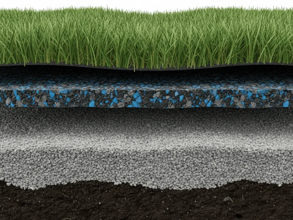 Playground flooring cutaway graphic. The synthetic grass layer on top, the pad layer next, then  the compacted quarter minus, then the natural dirt base