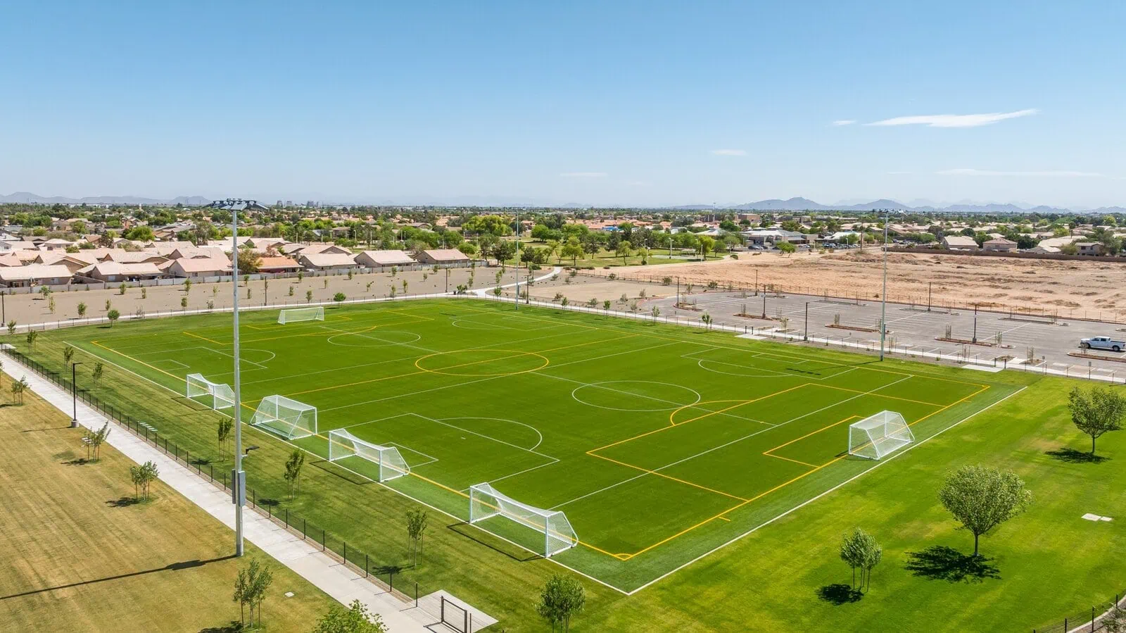 Picture of Glendale Heroes Park where Apex Turf installed three synthetic soccer fields side by side.