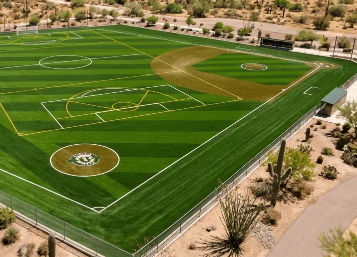 Baseball soccer and lacrosse field in one multi use artificial grass field. Photo taken from an aerial view with Arizona desert surroundings