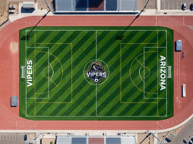 Birds eye view of a lacrosse and soccer field combination on a multi use field. The field features diagonal mow lines and an Arizona Vipers logo in the middle of the field.
