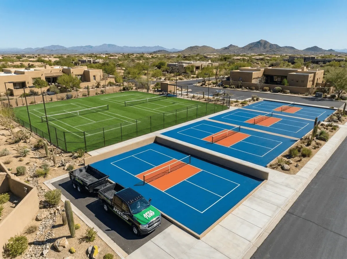 Overview of the Arizona tennis facility with two astroturf tennis courts and four pickleball courts with hard court surfacing. Apex Turf pickup truck and dual axle trailer shown in the bottom left corner