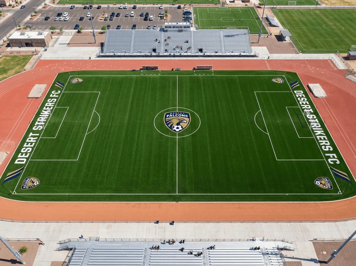 Aerial photo of the full size astroturf soccer field at Desert Strikers football club facility in Arizona