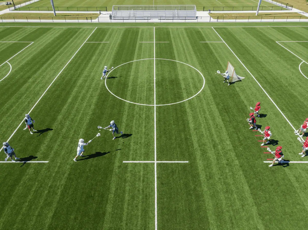 Astro turf lacrosse field with players practicing in full lacrosse gear at a sport facility in Arizona