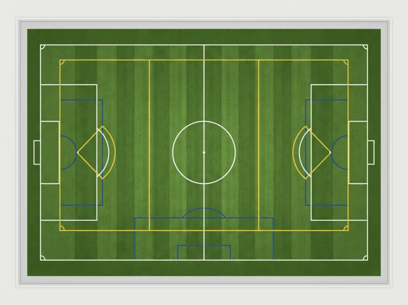 Birds eye view of a lacrosse, soccer and rugby field all in one field. Line markings are for all the sports